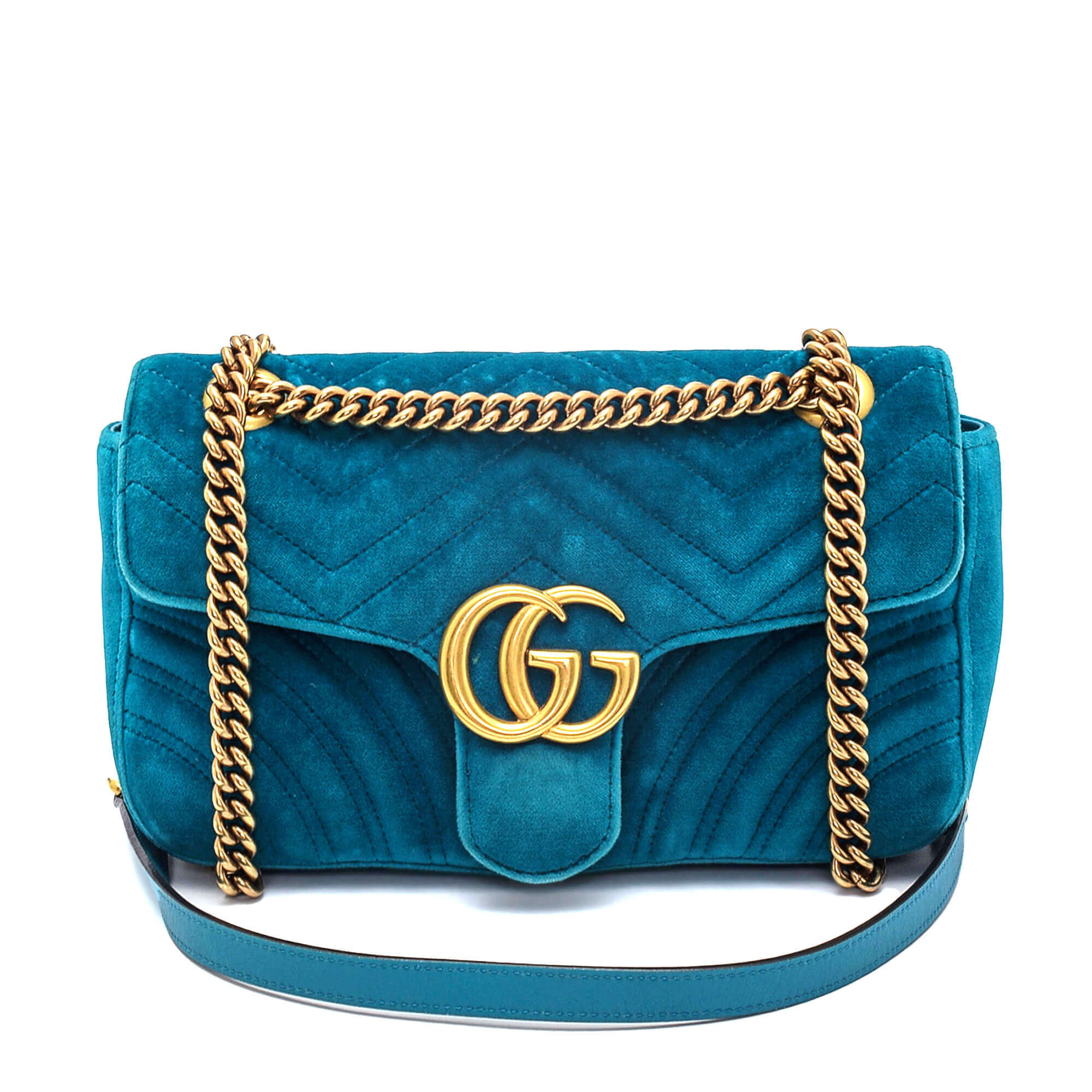 Gucci - Turquoise Velvet Matelasse GG Marmont Flap Small Bag